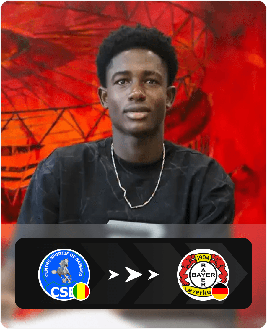 Footballer in a black t-shirt and chain against a red-orange background, representing a transfer from a Romanian club (blue 'CSI' crest) to a German club (red and black 'B04' crest).